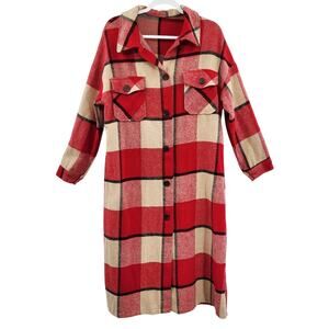 Red Black Beige Longline Long-sleeve Collared Pockets Button-up Coat Women's SM